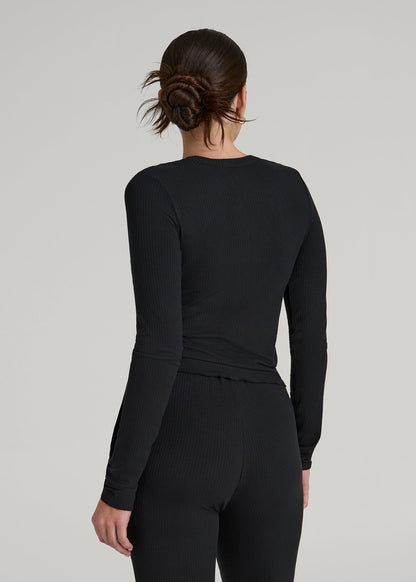 American Tall Women Lightweight Ribbed Cropped Lounge Shirt for Tall Women in Black