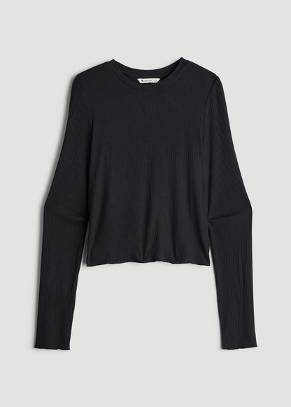 American Tall Women Lightweight Ribbed Cropped Lounge Shirt for Tall Women in Black