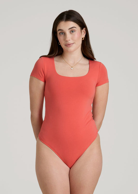 American Tall Women|Men Cotton Blend Short Sleeve Square Neck Bodysuit for Tall Women in Sunset Coral