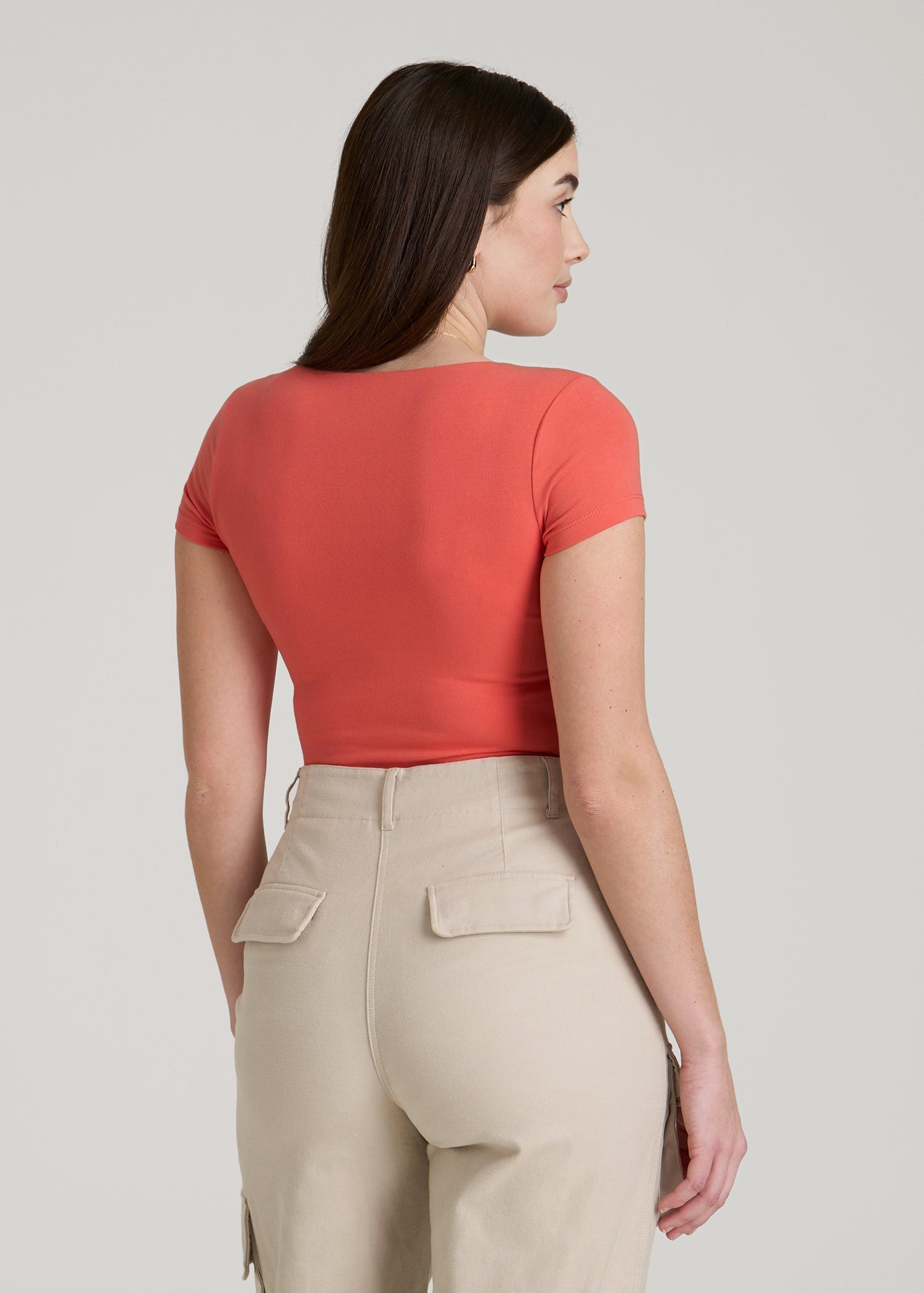 American Tall Women|Men Cotton Blend Short Sleeve Square Neck Bodysuit for Tall Women in Sunset Coral