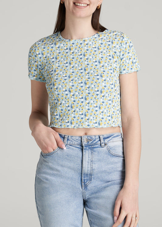 American Tall Women Cropped Waffle Tee for Tall Women in Corydalis Blue Floral