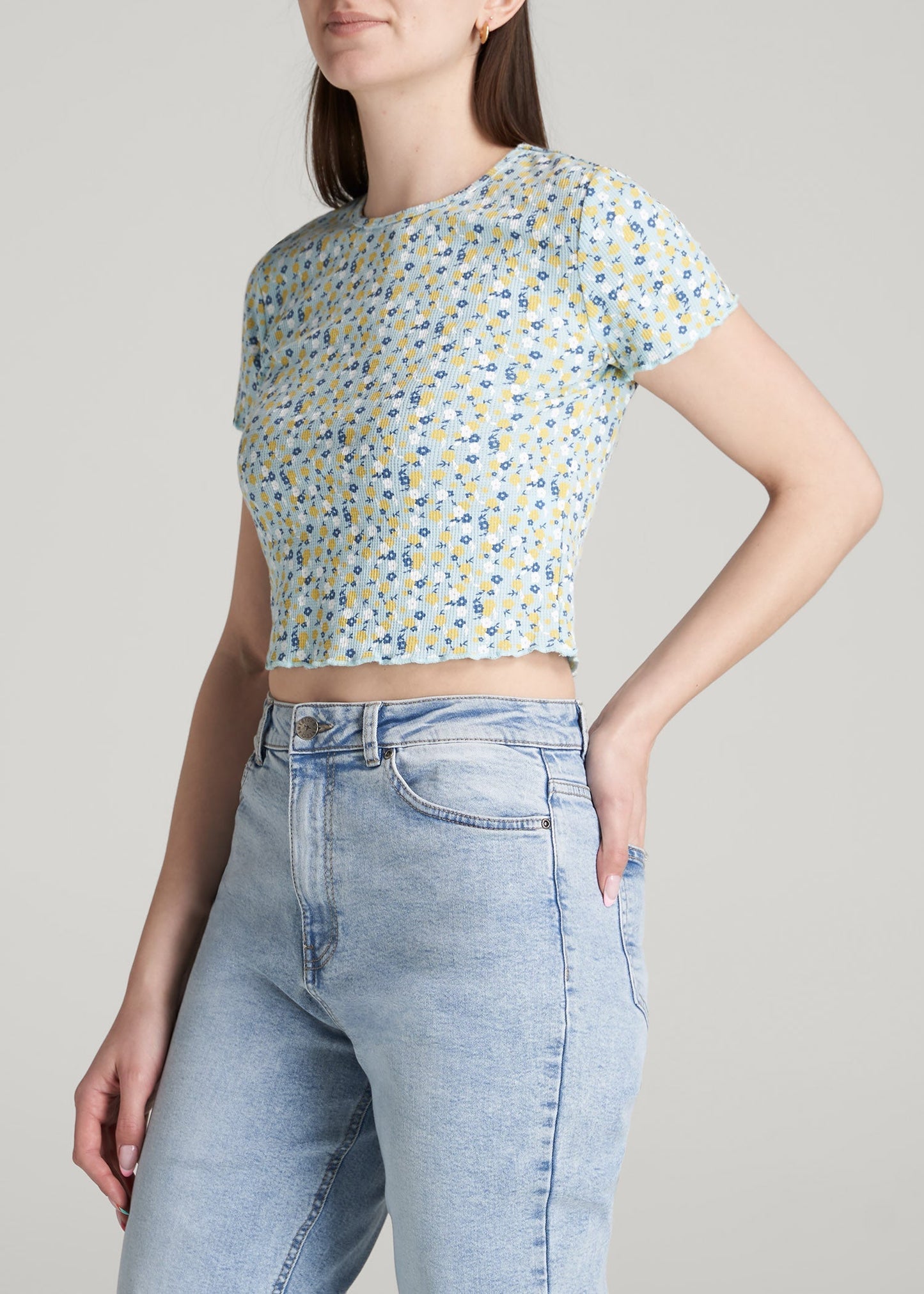 American Tall Women Cropped Waffle Tee for Tall Women in Corydalis Blue Floral
