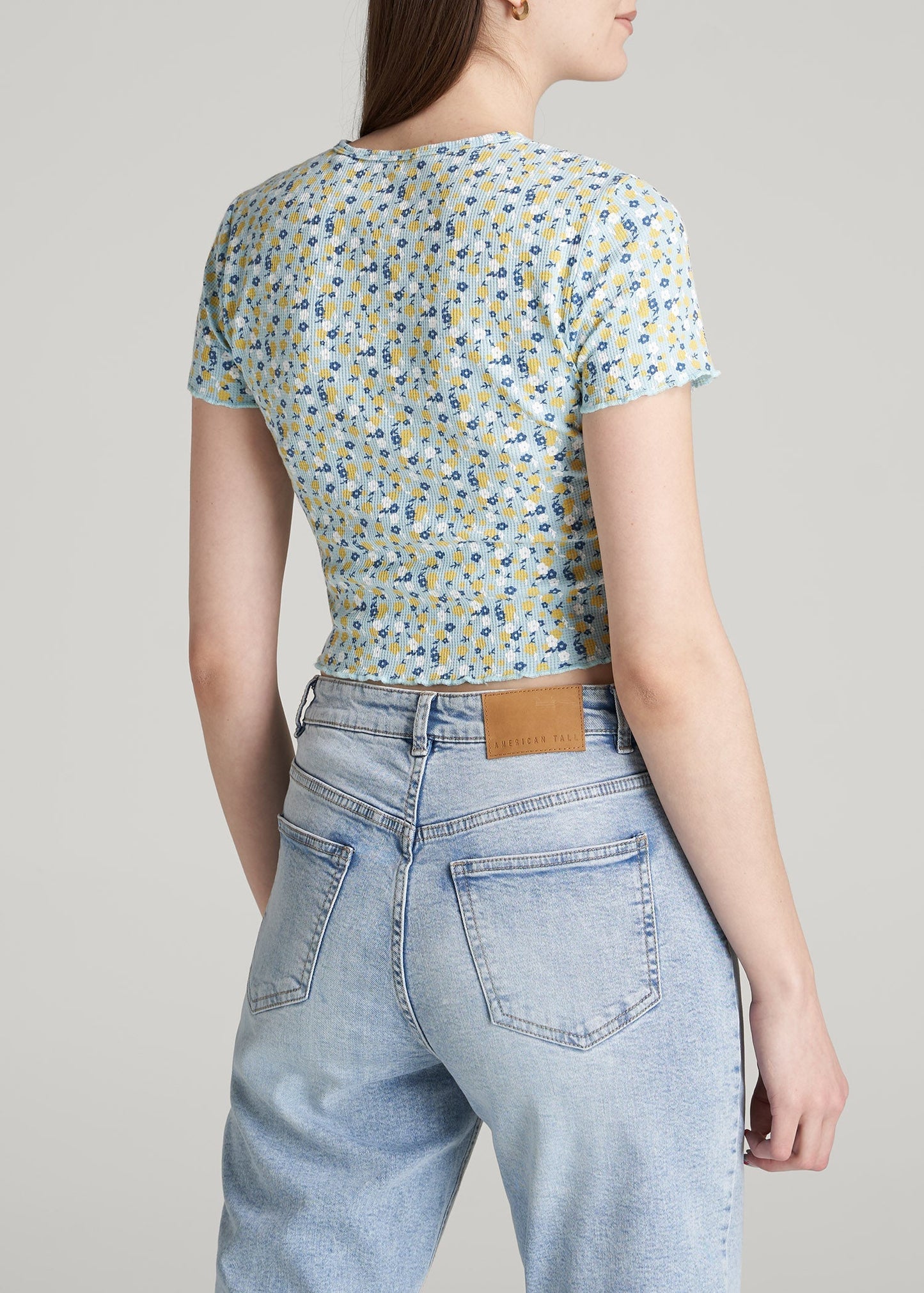 American Tall Women Cropped Waffle Tee for Tall Women in Corydalis Blue Floral