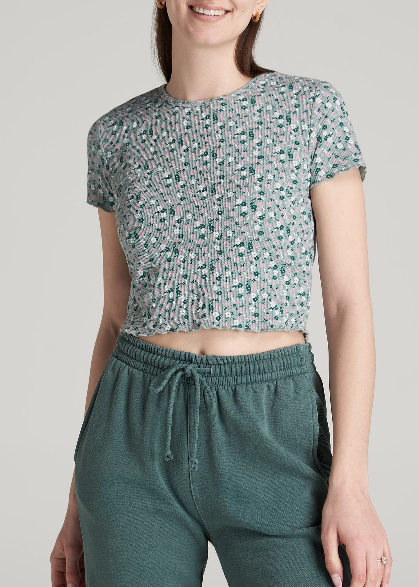 American Tall Women Cropped Waffle Tee for Tall Women in Seaglass Floral