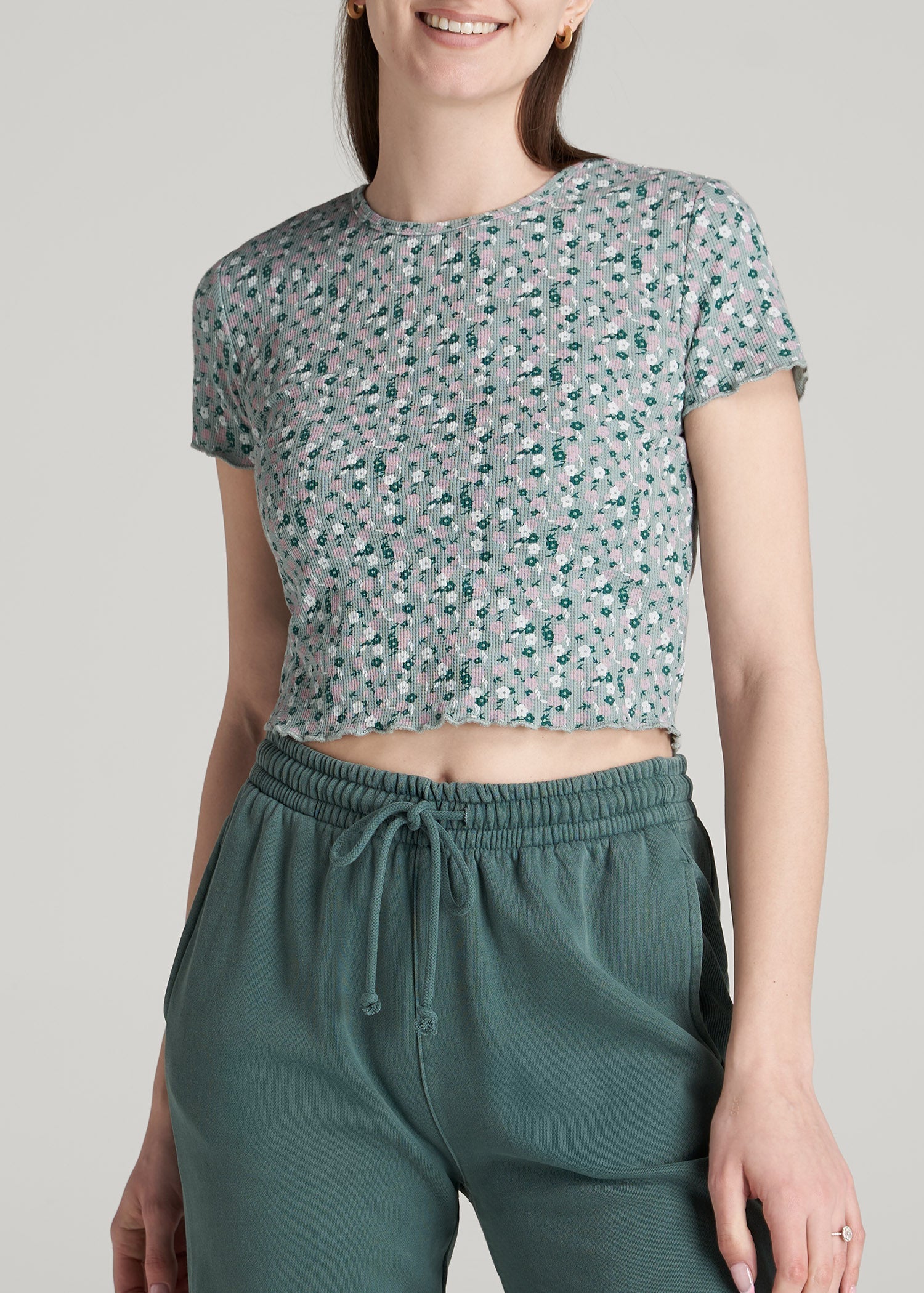 American Tall Women Cropped Waffle Tee for Tall Women in Seaglass Floral