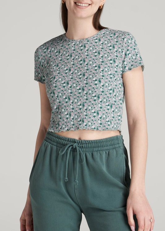 American Tall Women Cropped Waffle Tee for Tall Women in Seaglass Floral