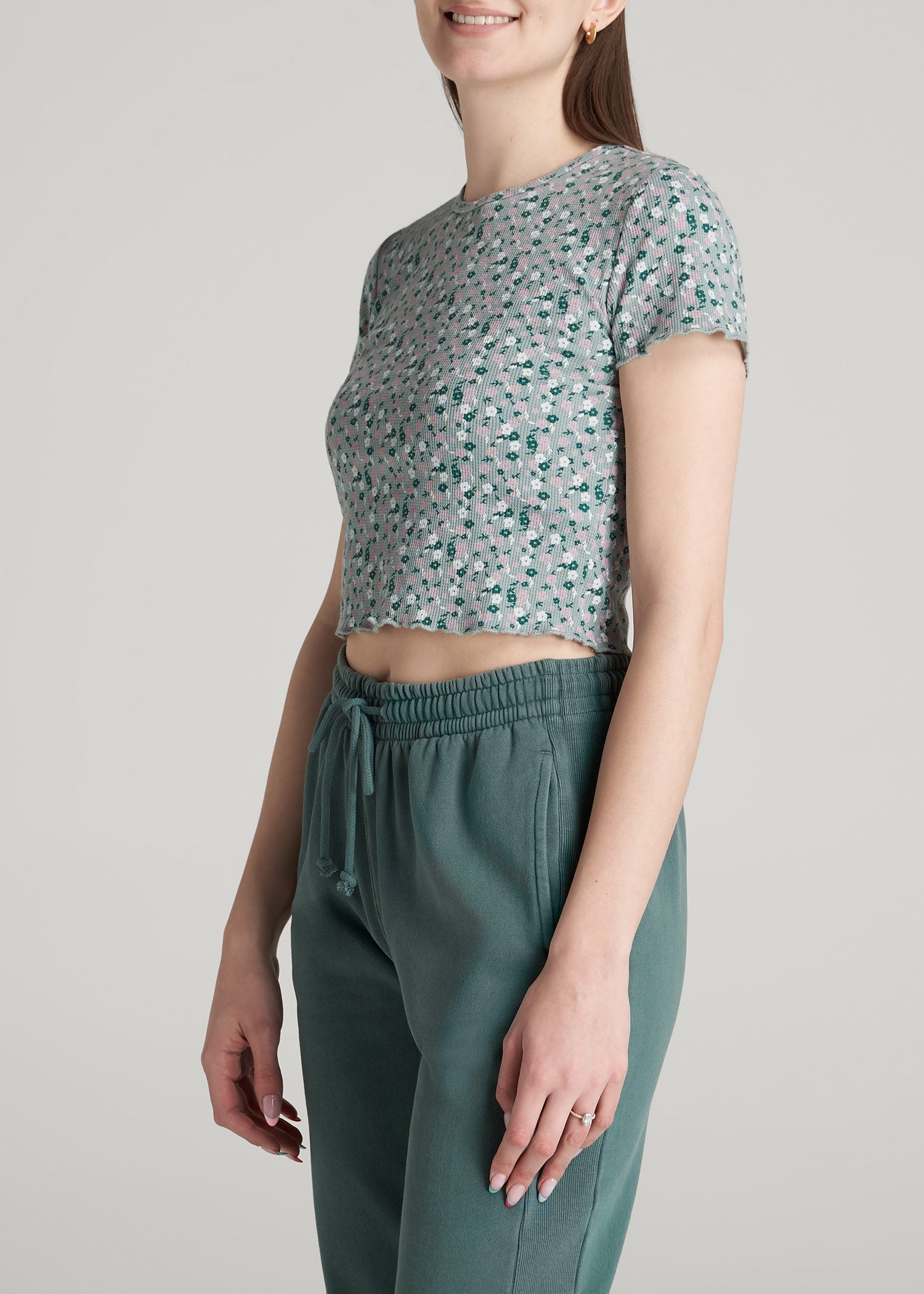 American Tall Women Cropped Waffle Tee for Tall Women in Seaglass Floral