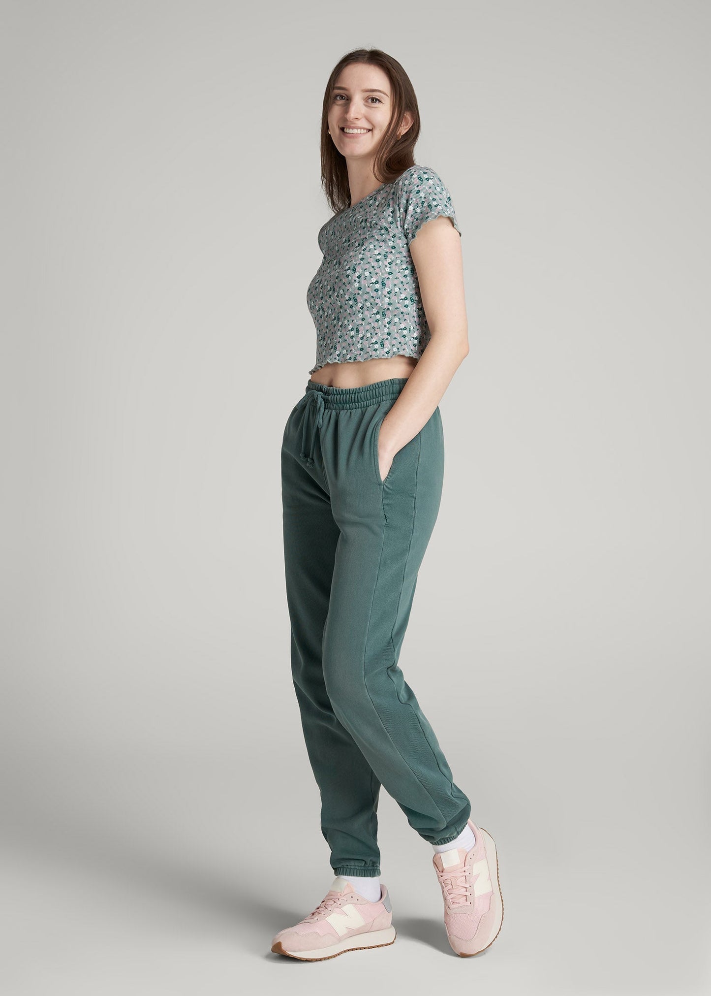 American Tall Women Cropped Waffle Tee for Tall Women in Seaglass Floral