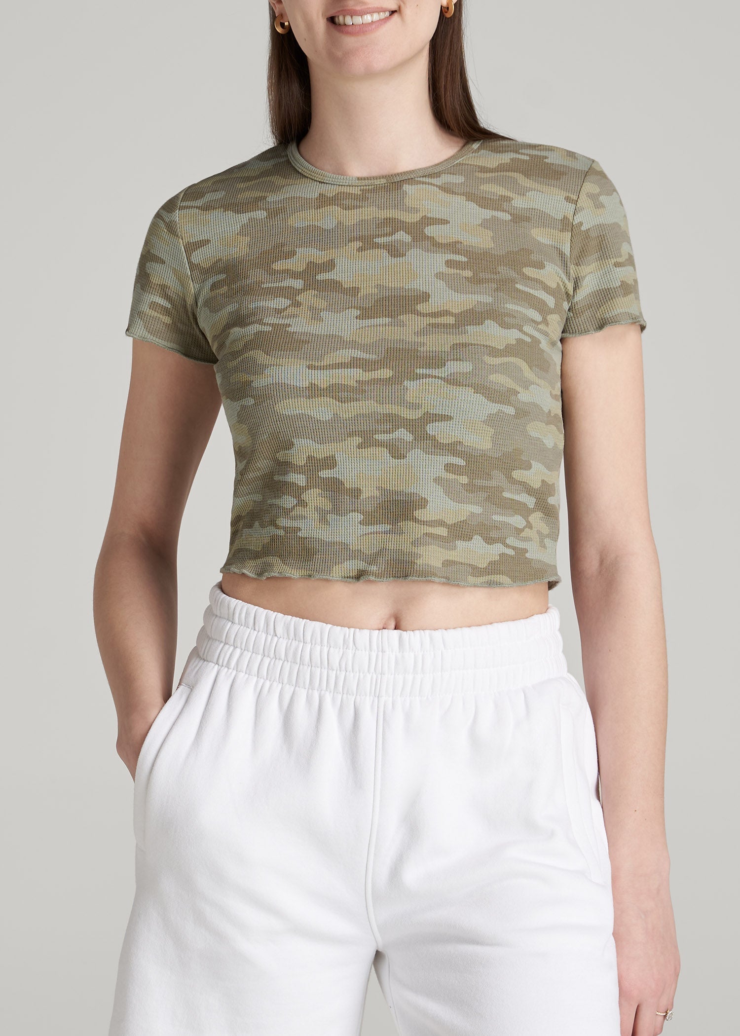 American Tall Women Cropped Waffle Tee for Tall Women in Green Camo Print