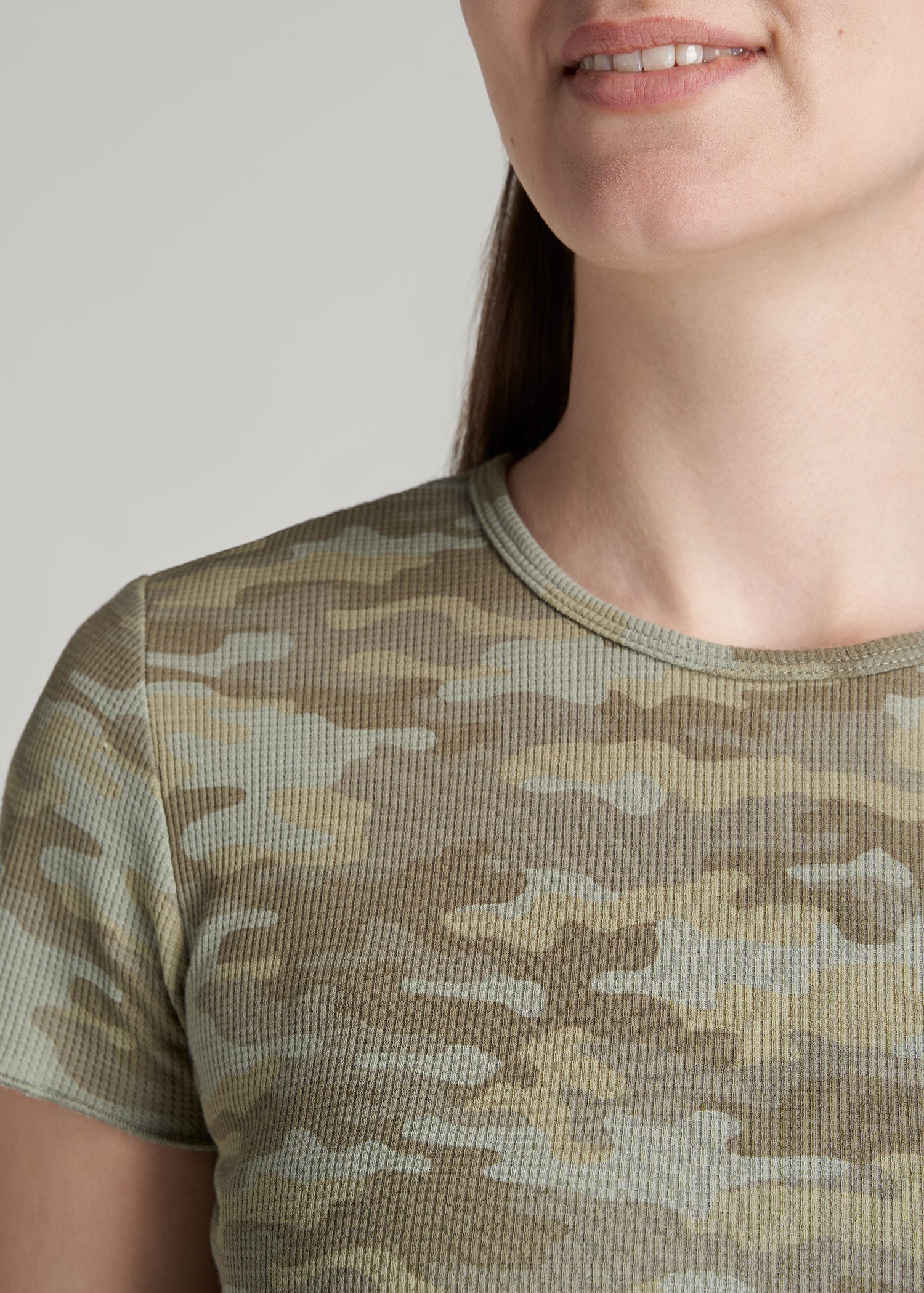 American Tall Women Cropped Waffle Tee for Tall Women in Green Camo Print