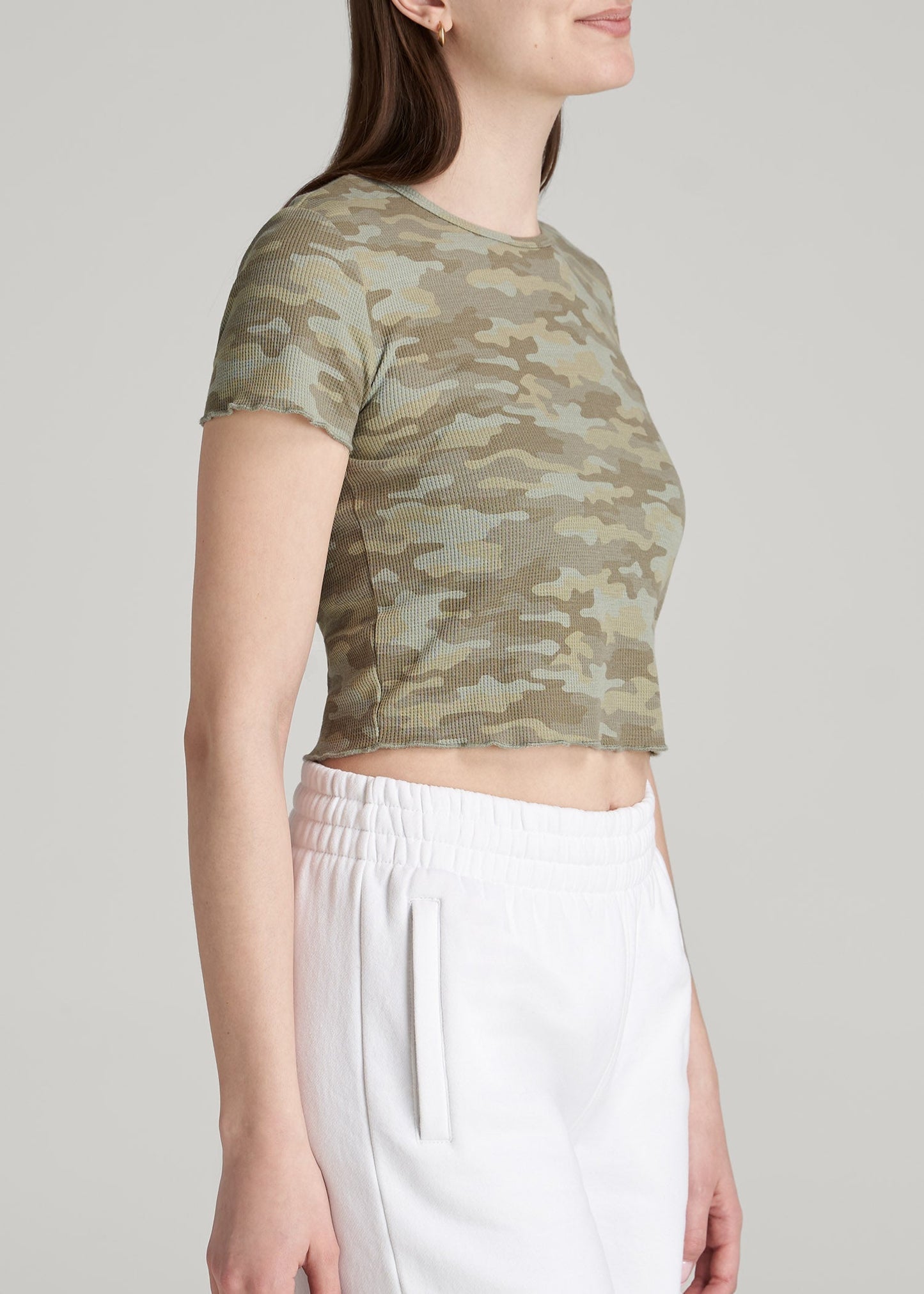 American Tall Women Cropped Waffle Tee for Tall Women in Green Camo Print