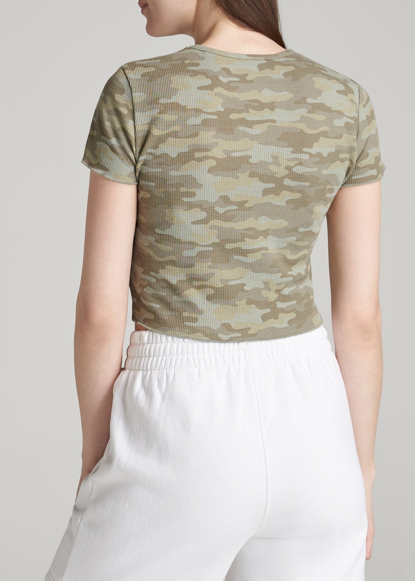 American Tall Women Cropped Waffle Tee for Tall Women in Green Camo Print