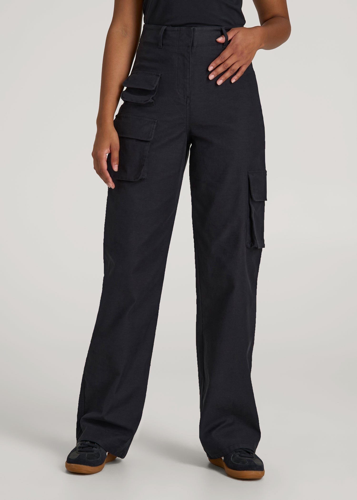 American Tall Women High-Waist Flat Front Cargo Pants for Tall Women in Black