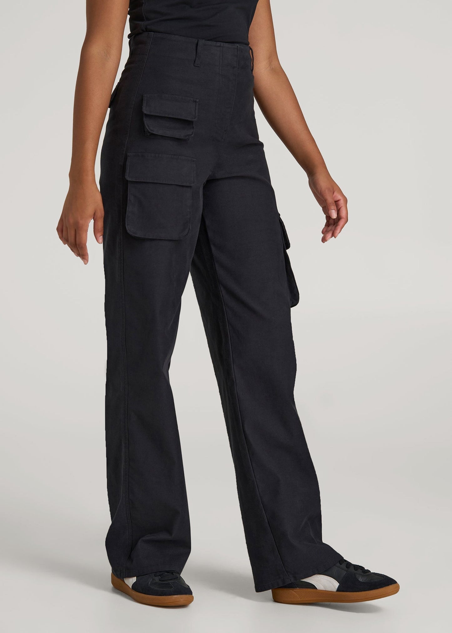 American Tall Women High-Waist Flat Front Cargo Pants for Tall Women in Black