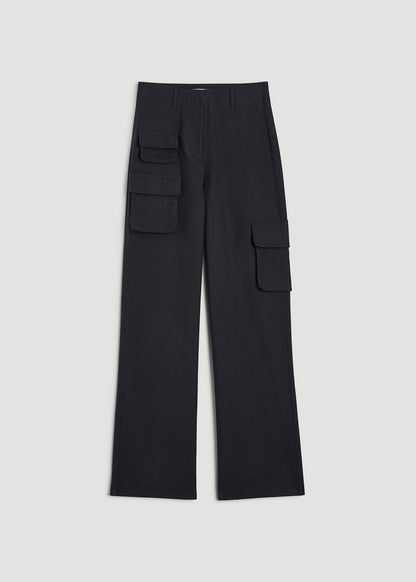 American Tall Women High-Waist Flat Front Cargo Pants for Tall Women in Black