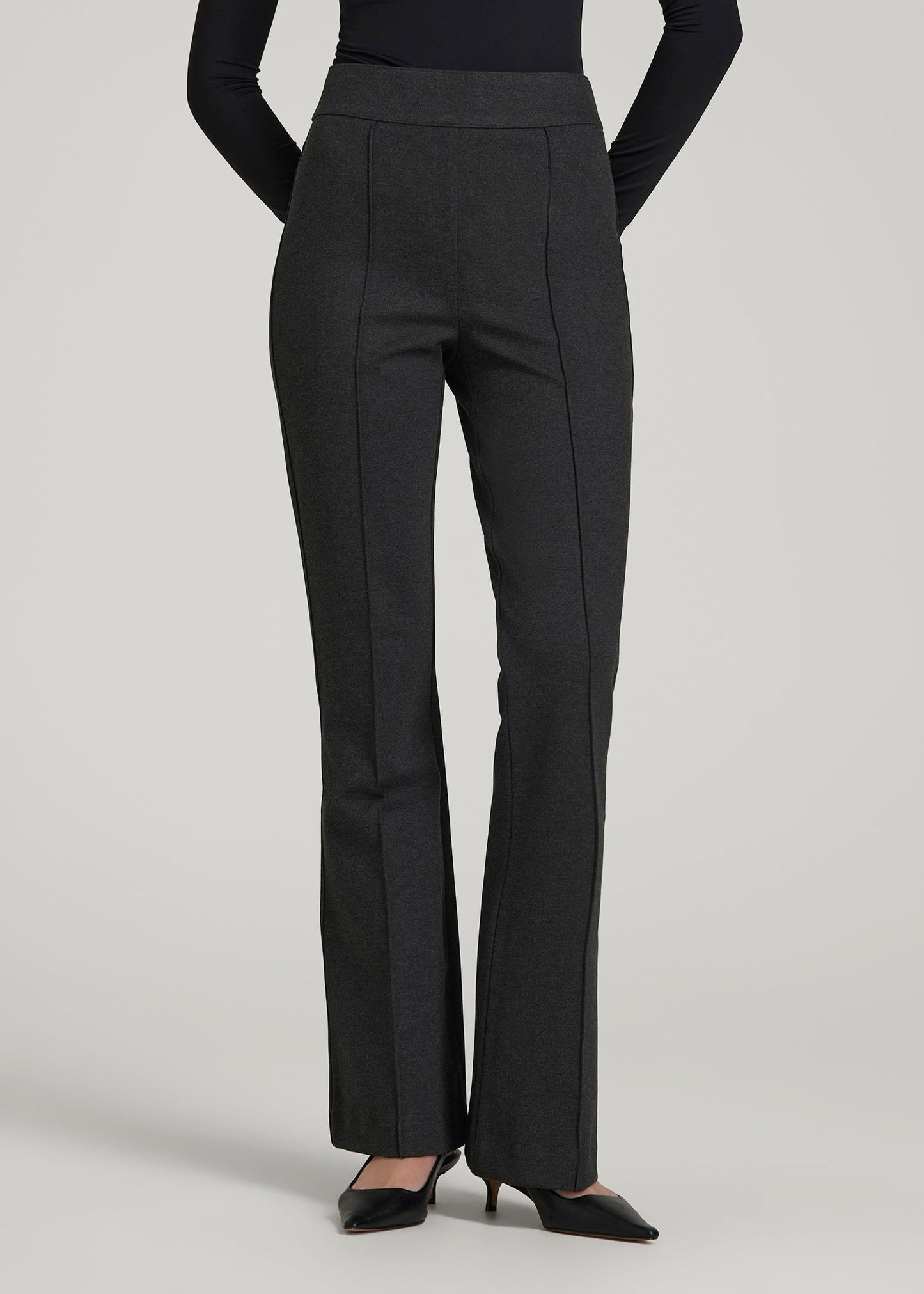American Tall Women Soft Flex Ponte Pull On Flare Pants for Tall Women in Dark Charcoal Heather