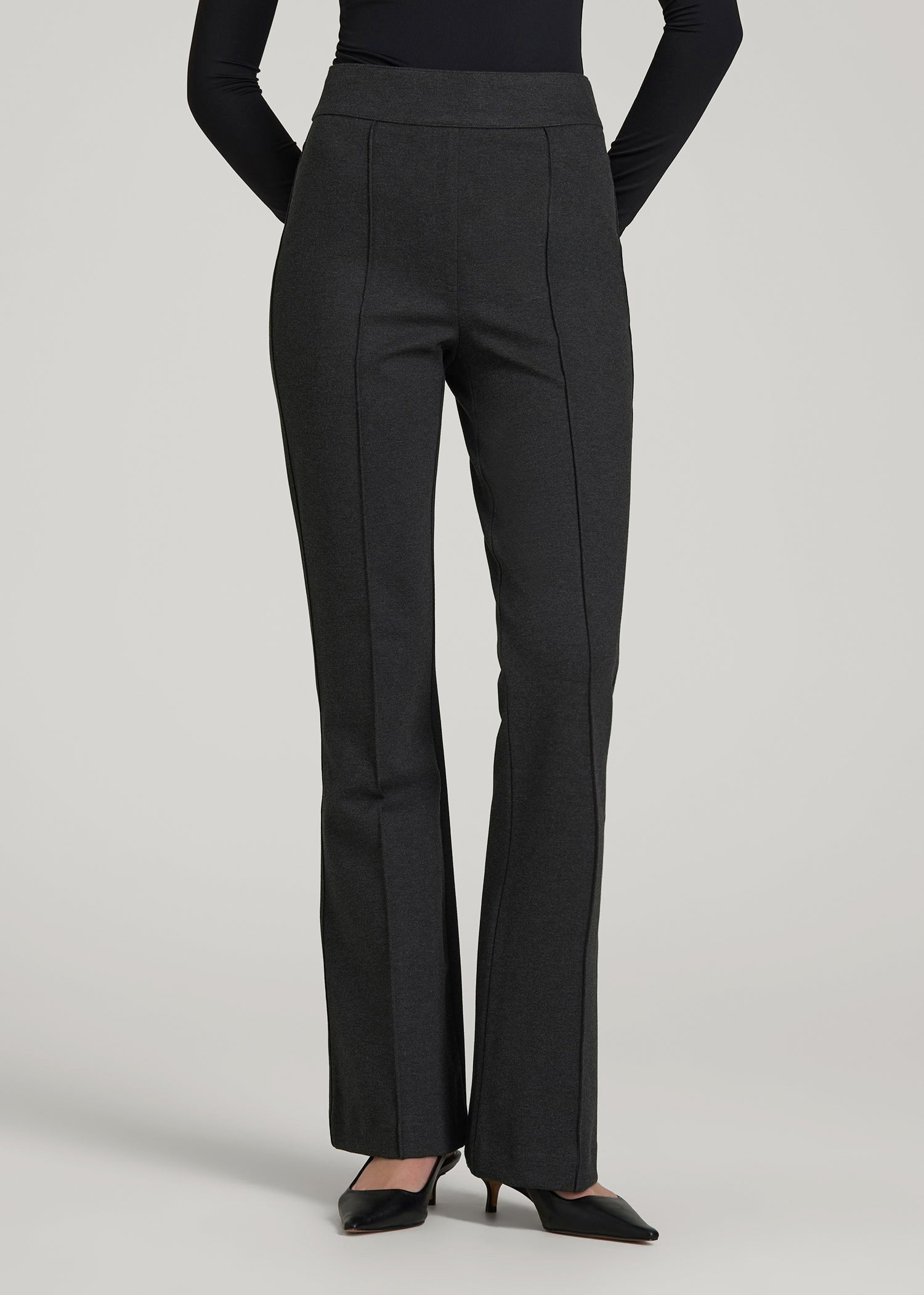 American Tall Women Soft Flex Ponte Pull On Flare Pants for Tall Women in Dark Charcoal Heather