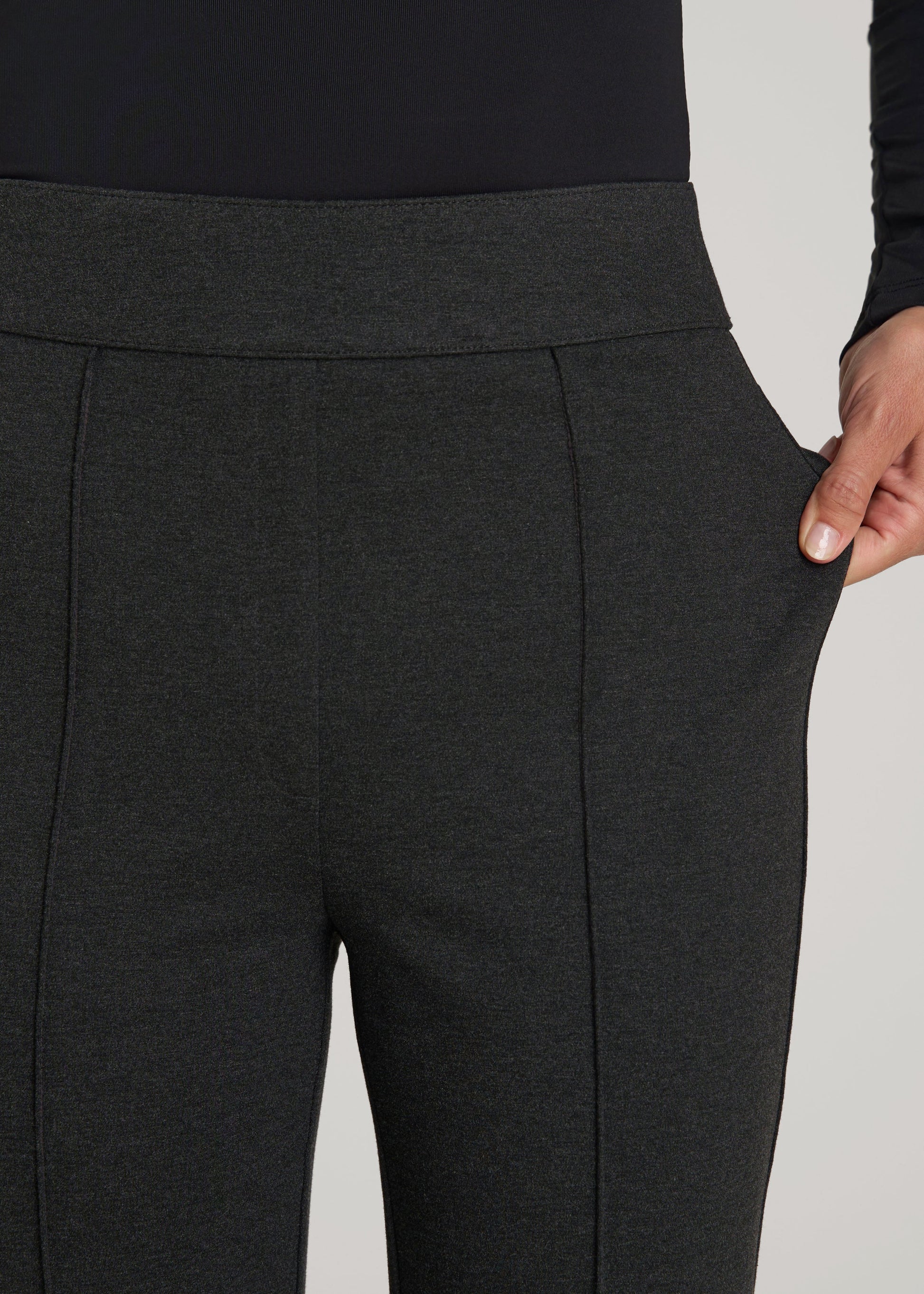 American Tall Women Soft Flex Ponte Pull On Flare Pants for Tall Women in Dark Charcoal Heather