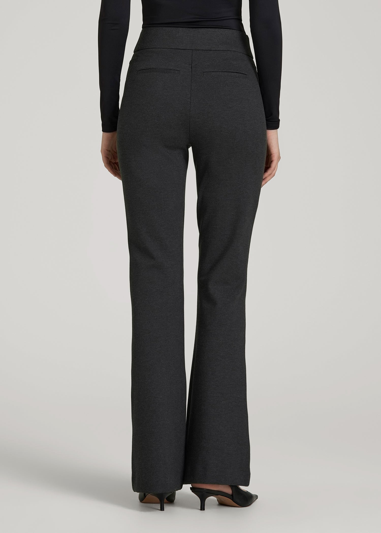 American Tall Women Soft Flex Ponte Pull On Flare Pants for Tall Women in Dark Charcoal Heather