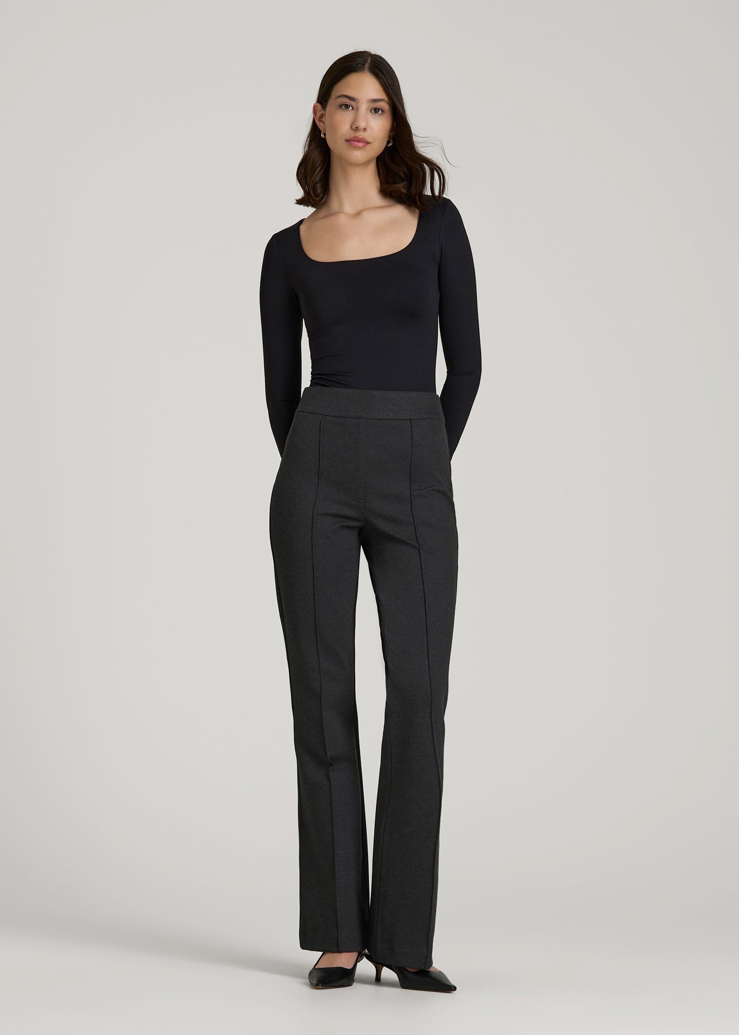 American Tall Women Soft Flex Ponte Pull On Flare Pants for Tall Women in Dark Charcoal Heather