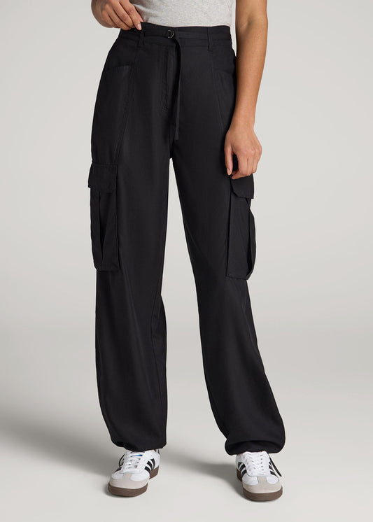 American Tall Women High Rise Cargo Parachute Pants for Tall Women in Black