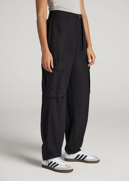 American Tall Women High Rise Cargo Parachute Pants for Tall Women in Black