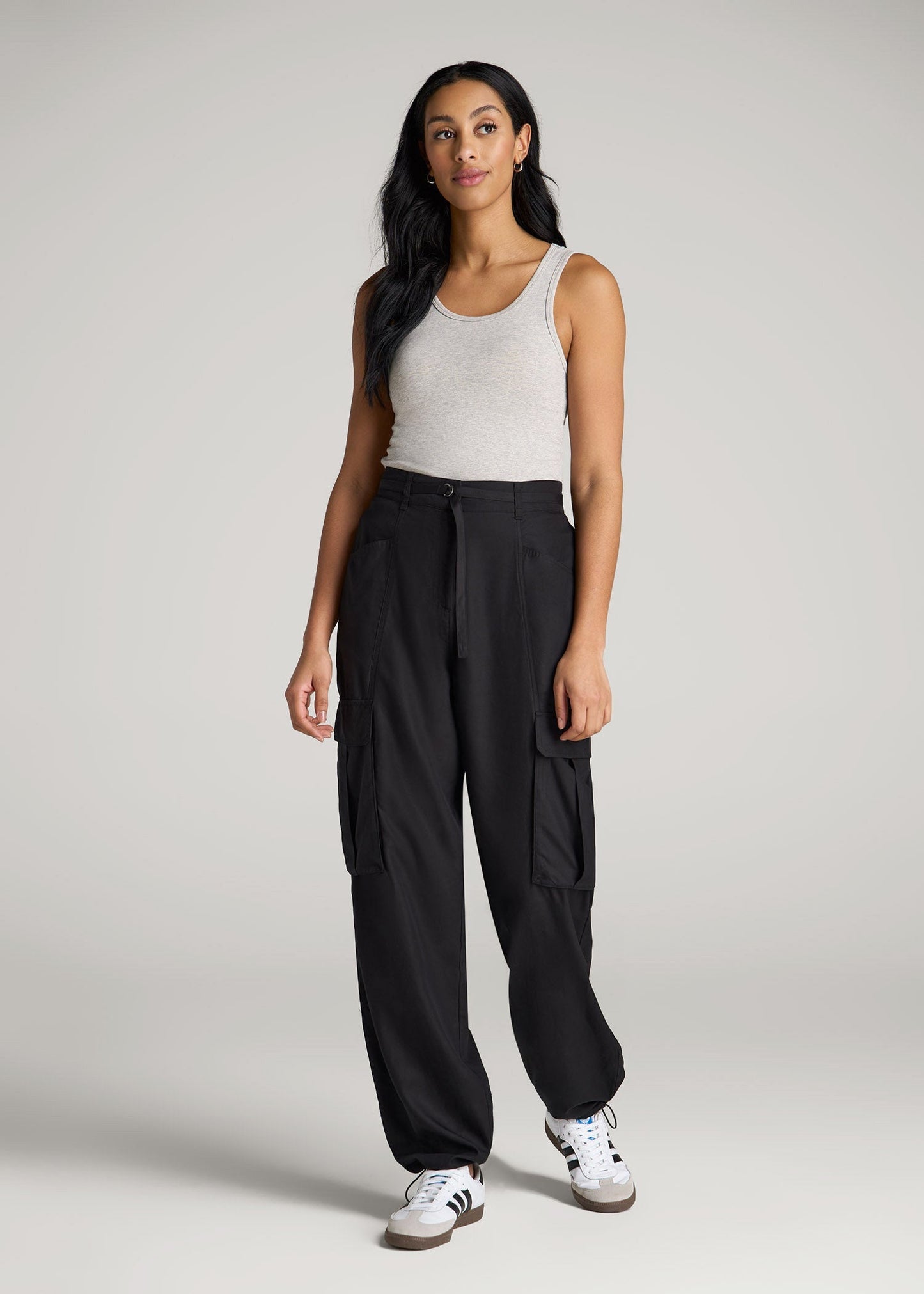 American Tall Women High Rise Cargo Parachute Pants for Tall Women in Black