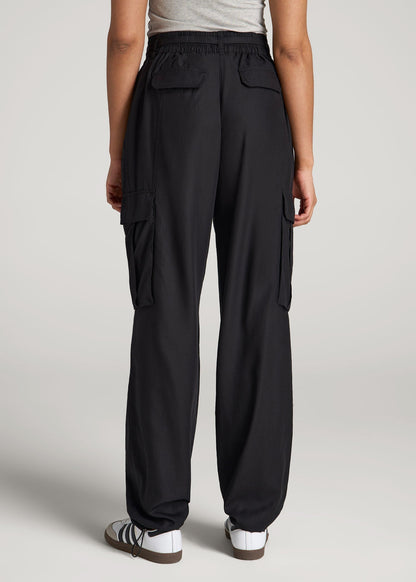 American Tall Women High Rise Cargo Parachute Pants for Tall Women in Black