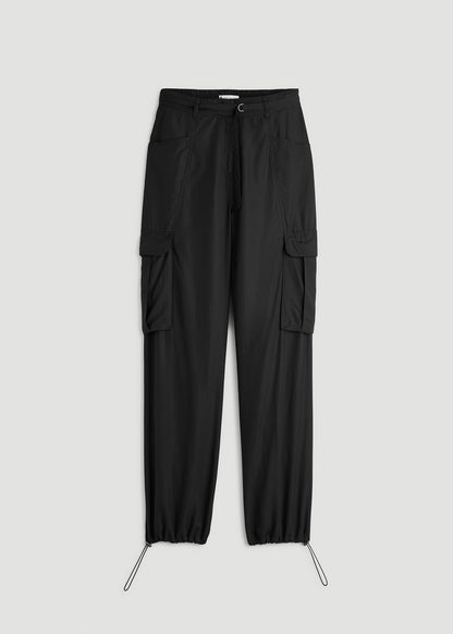 American Tall Women High Rise Cargo Parachute Pants for Tall Women in Black