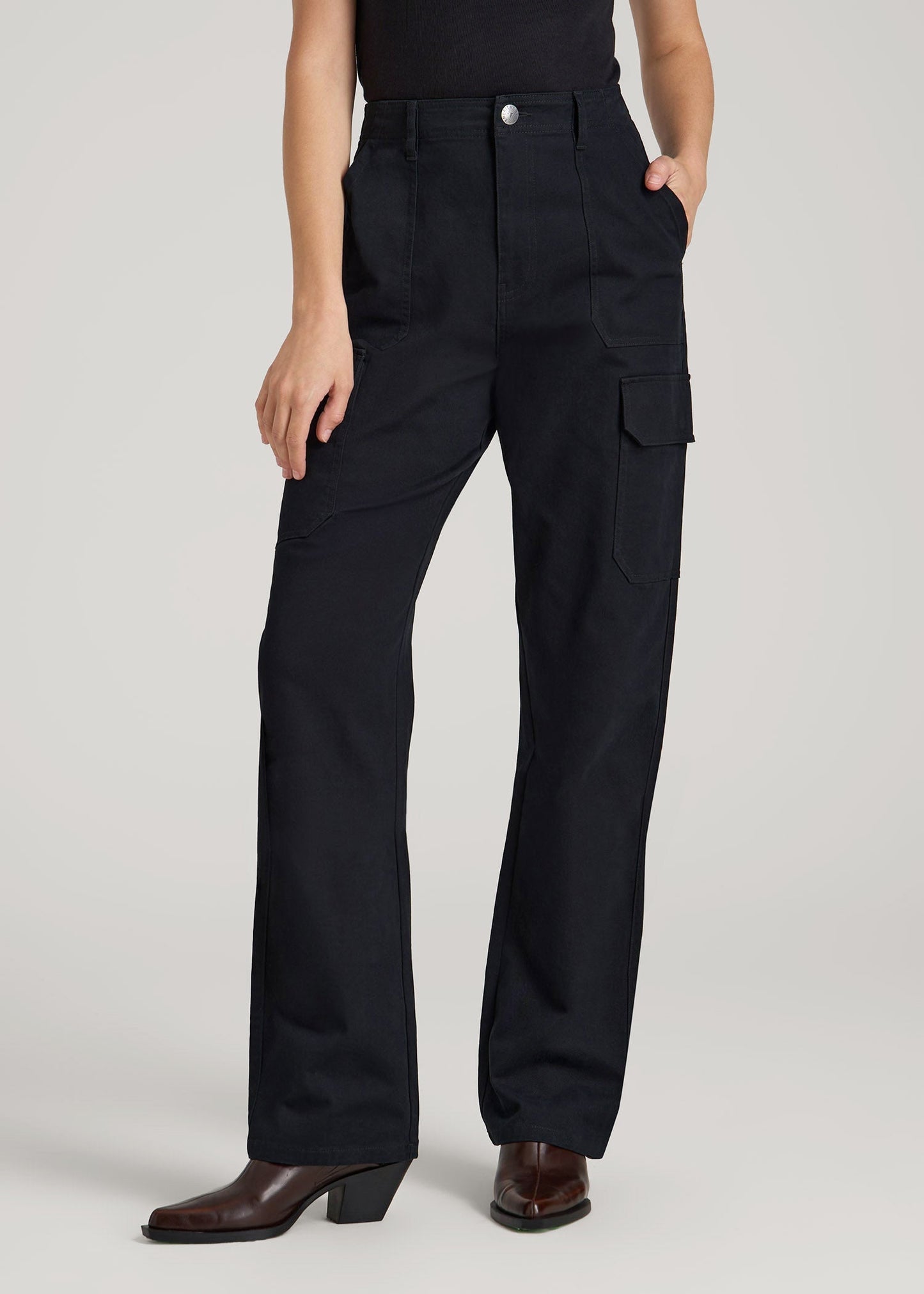 American Tall Women Straight Leg Cargo Chino Pants for Tall Women in Black