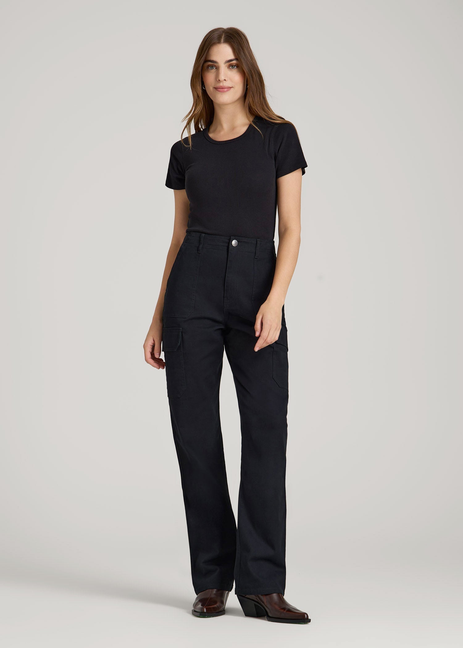 American Tall Women Straight Leg Cargo Chino Pants for Tall Women in Black