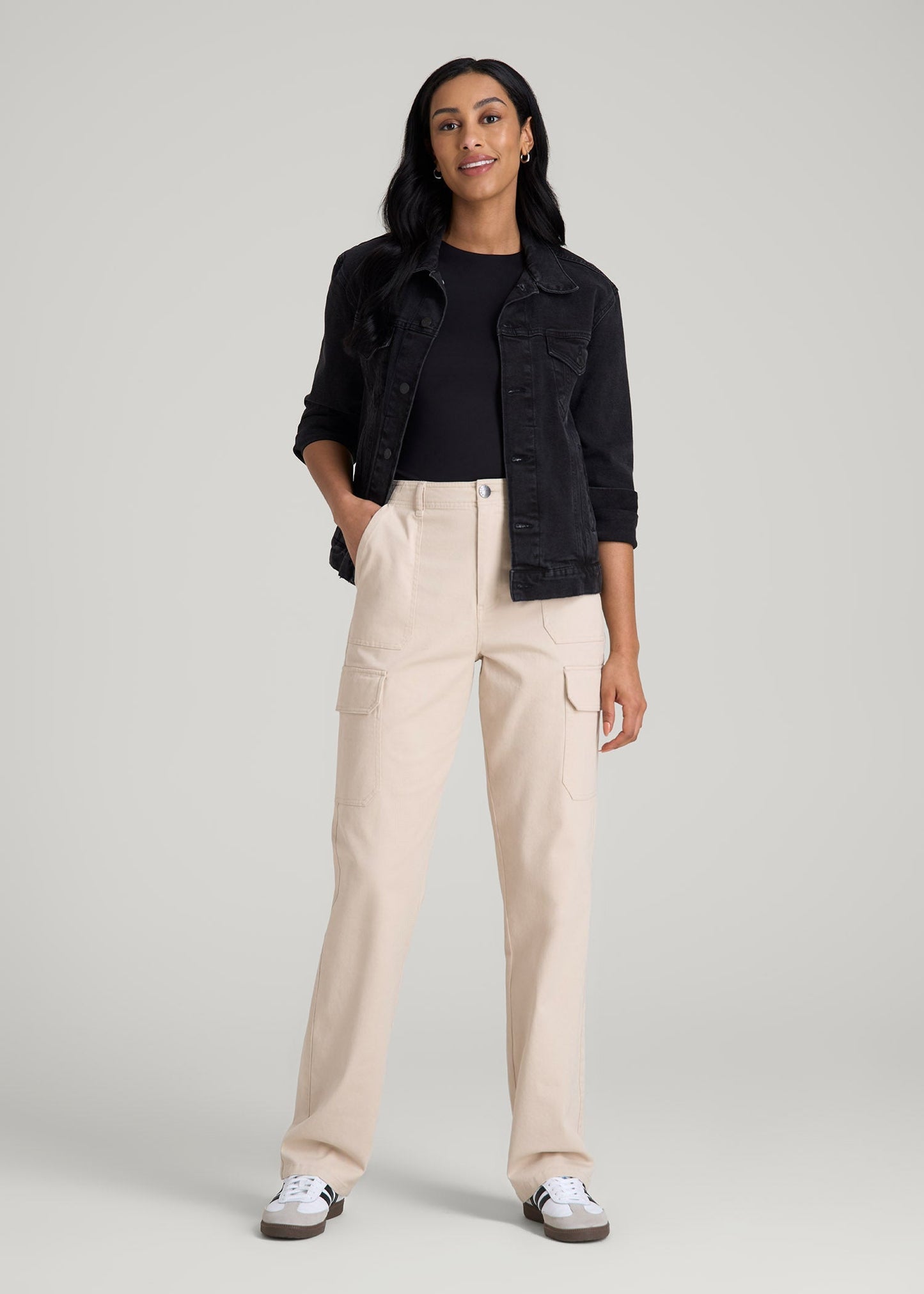 American Tall Women Straight Leg Cargo Chino Pants for Tall Women in Soft Beige