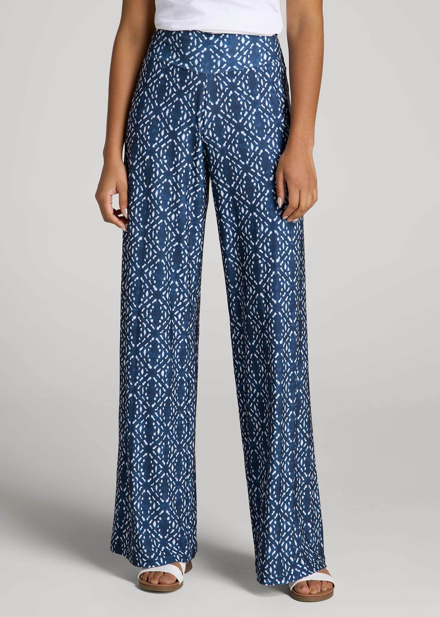 American Tall Women Pull-On Breezy Wide Leg Pants for Tall Women in Indigo Tribal Print