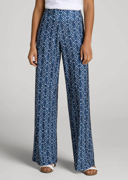 American Tall Women Pull-On Breezy Wide Leg Pants for Tall Women in Indigo Tribal Print