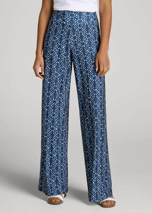 American Tall Women Pull-On Breezy Wide Leg Pants for Tall Women in Indigo Tribal Print