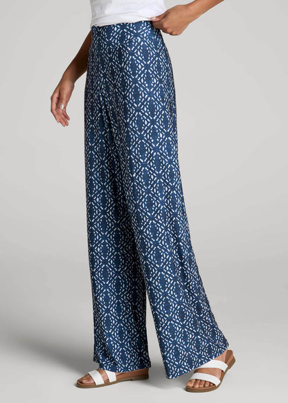 American Tall Women Pull-On Breezy Wide Leg Pants for Tall Women in Indigo Tribal Print