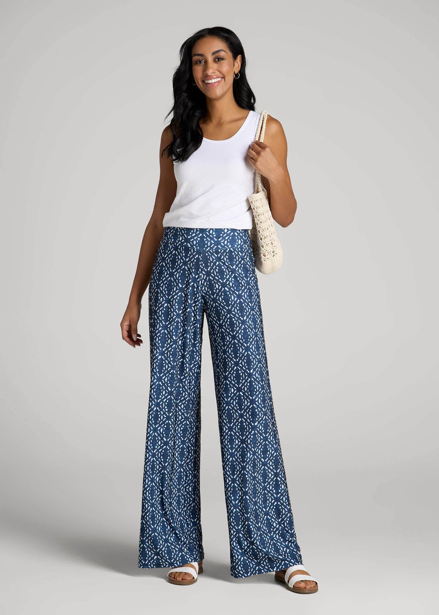 American Tall Women Pull-On Breezy Wide Leg Pants for Tall Women in Indigo Tribal Print