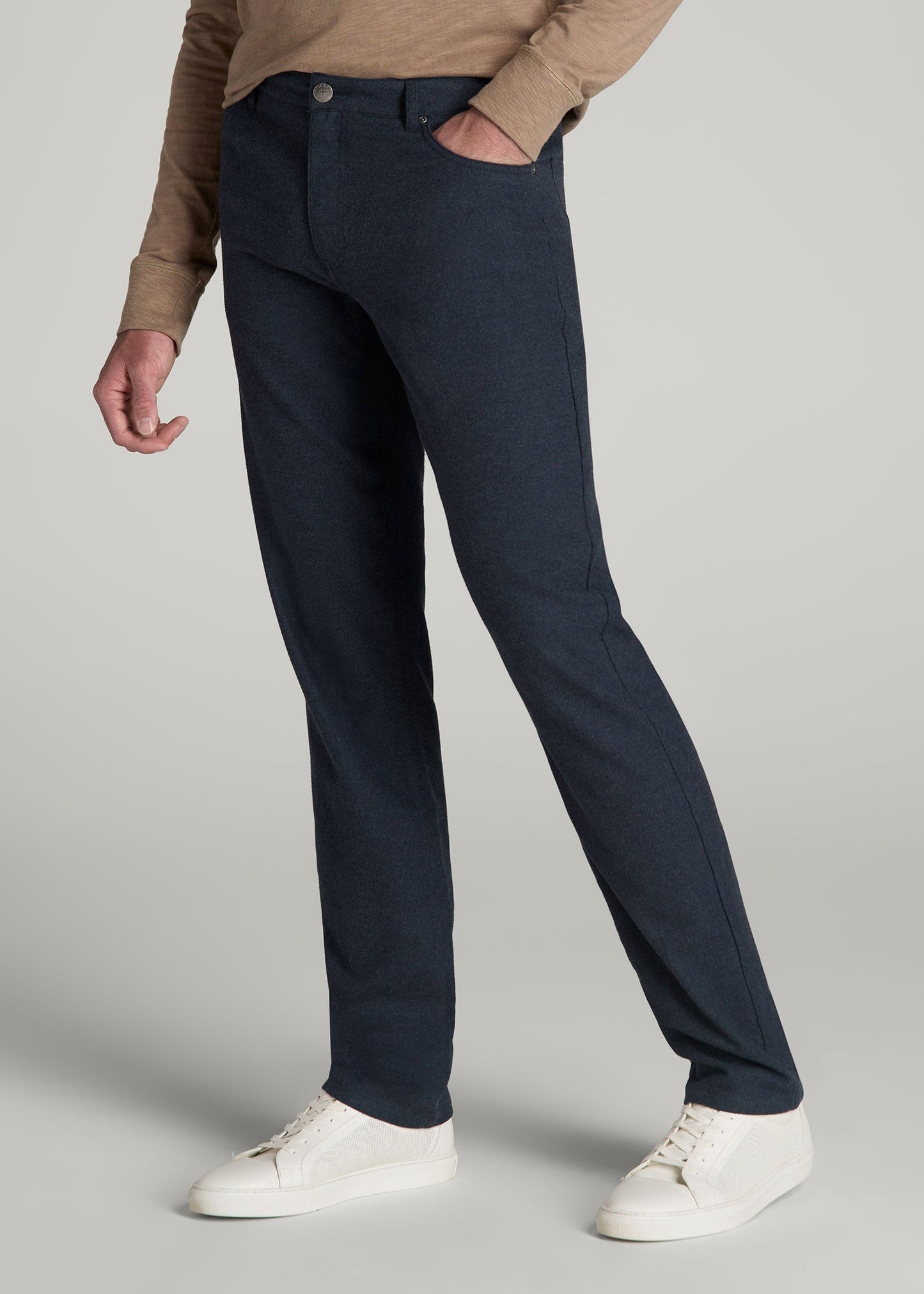 American Tall Men TAPERED-FIT Stretch Flannel 5 Pocket Pants for Tall Men in Dark Indigo Mix