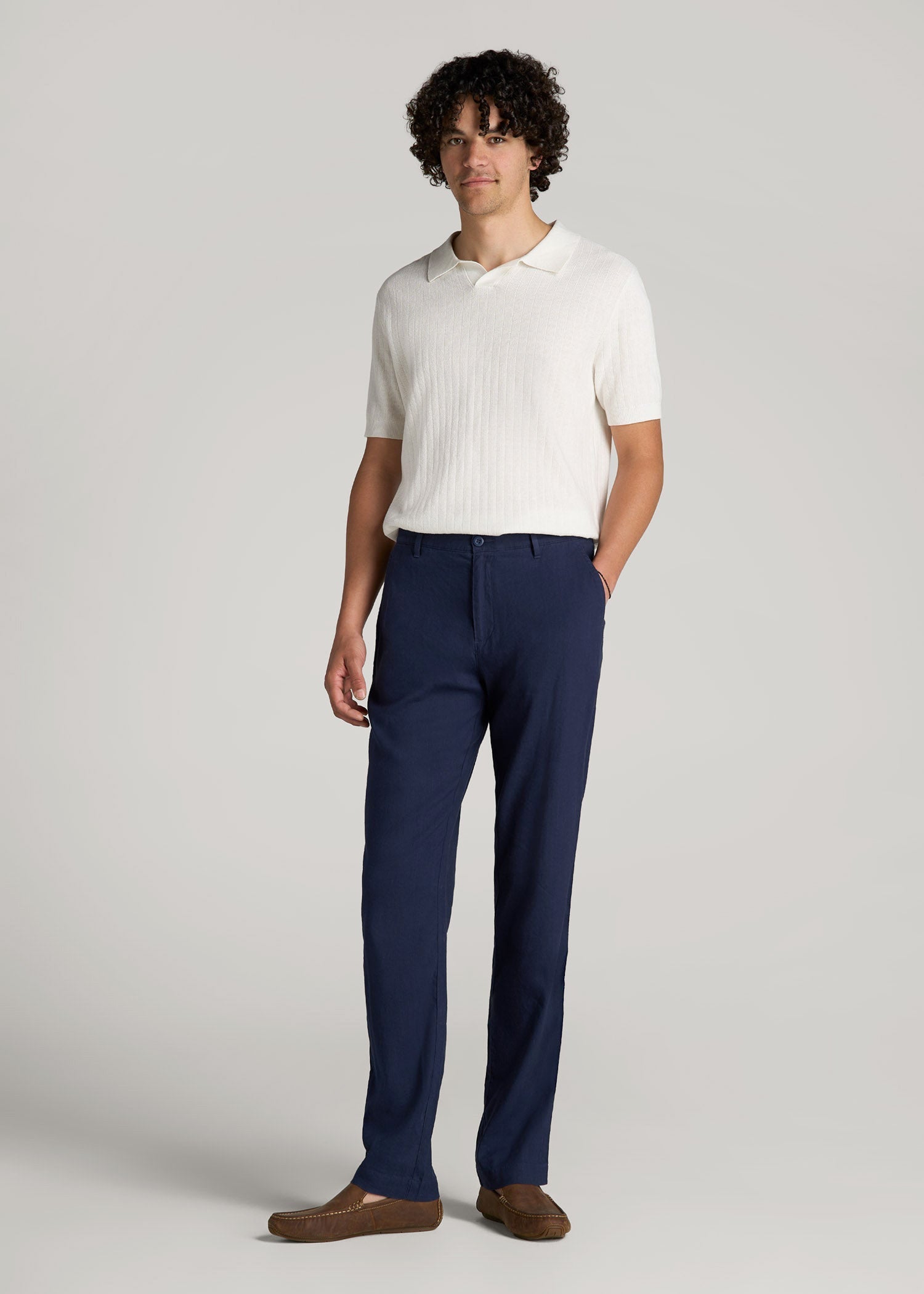 American Tall Men Garment Dyed Linen Casual Pants for Tall Men in Summer Blue