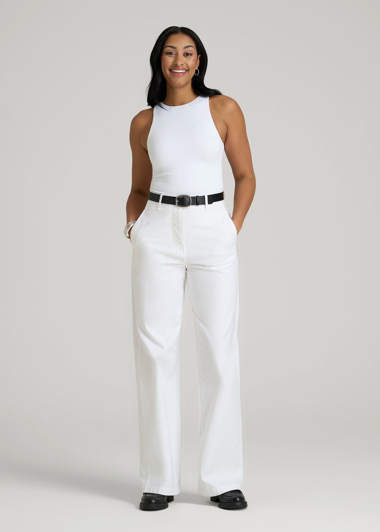 American Tall Men|Women High Rise Wide Leg Flat Front Chinos for Tall Women in White