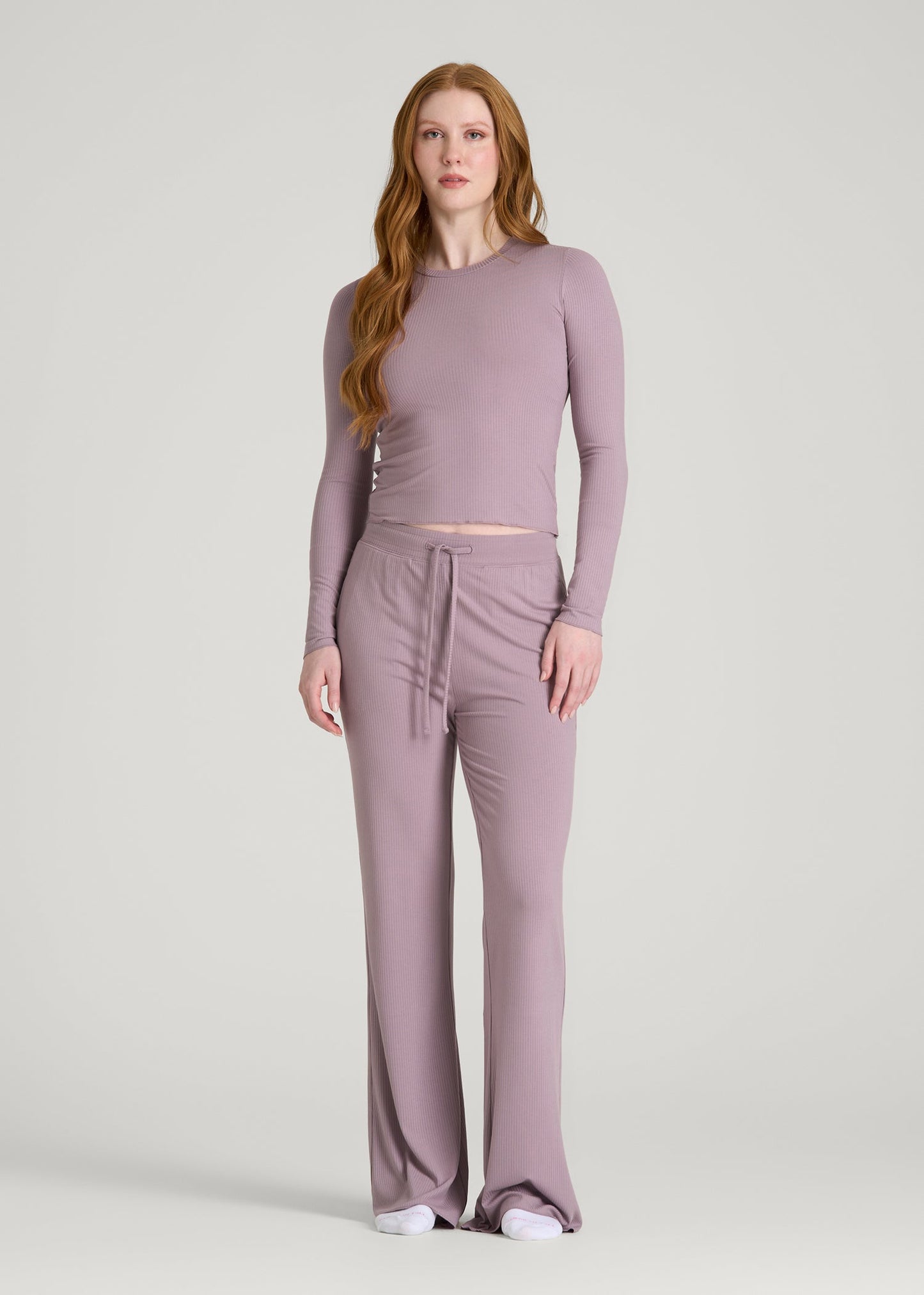 American Tall Women Lightweight Ribbed Cropped Lounge Top for Tall Women in Smoked Mauve