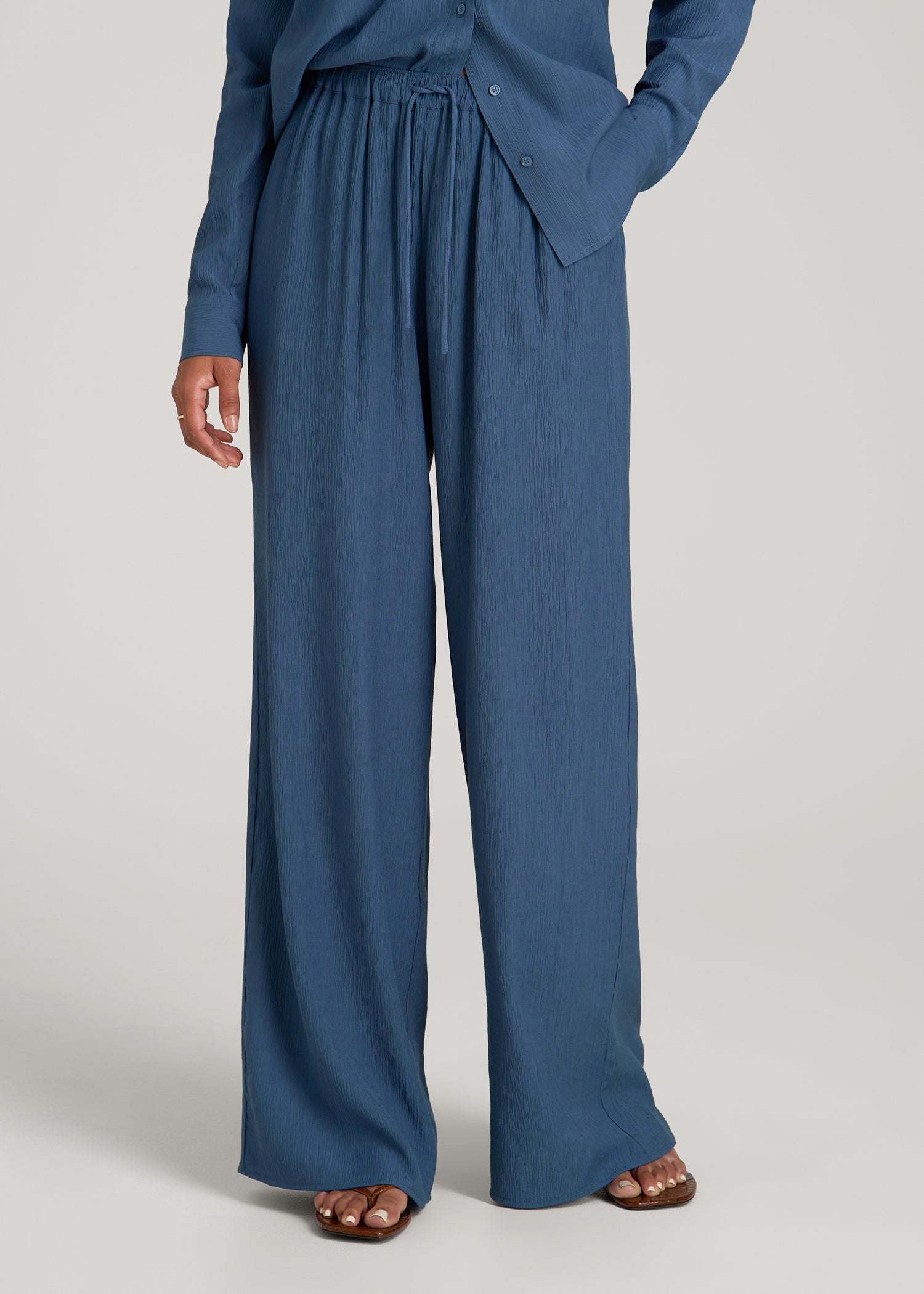 American Tall Women|Men Crinkle Pull-on Wide-leg Pants for Tall Women in Flag Blue