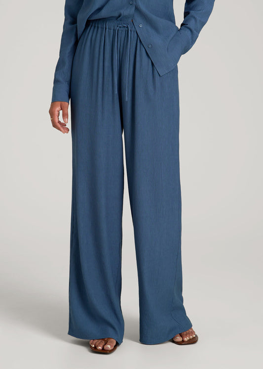 American Tall Women|Men Crinkle Pull-on Wide-leg Pants for Tall Women in Flag Blue