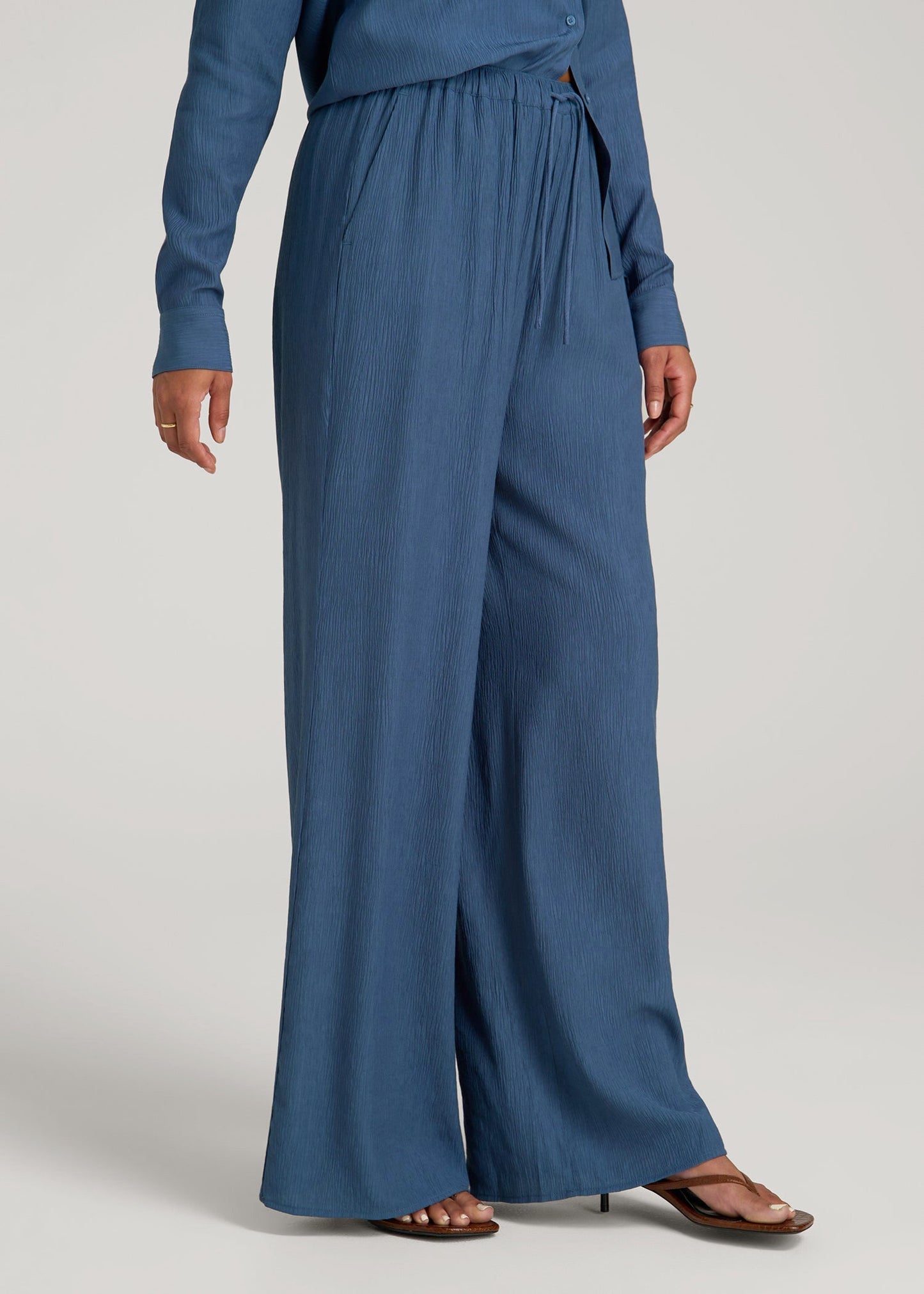 American Tall Women|Men Crinkle Pull-on Wide-leg Pants for Tall Women in Flag Blue
