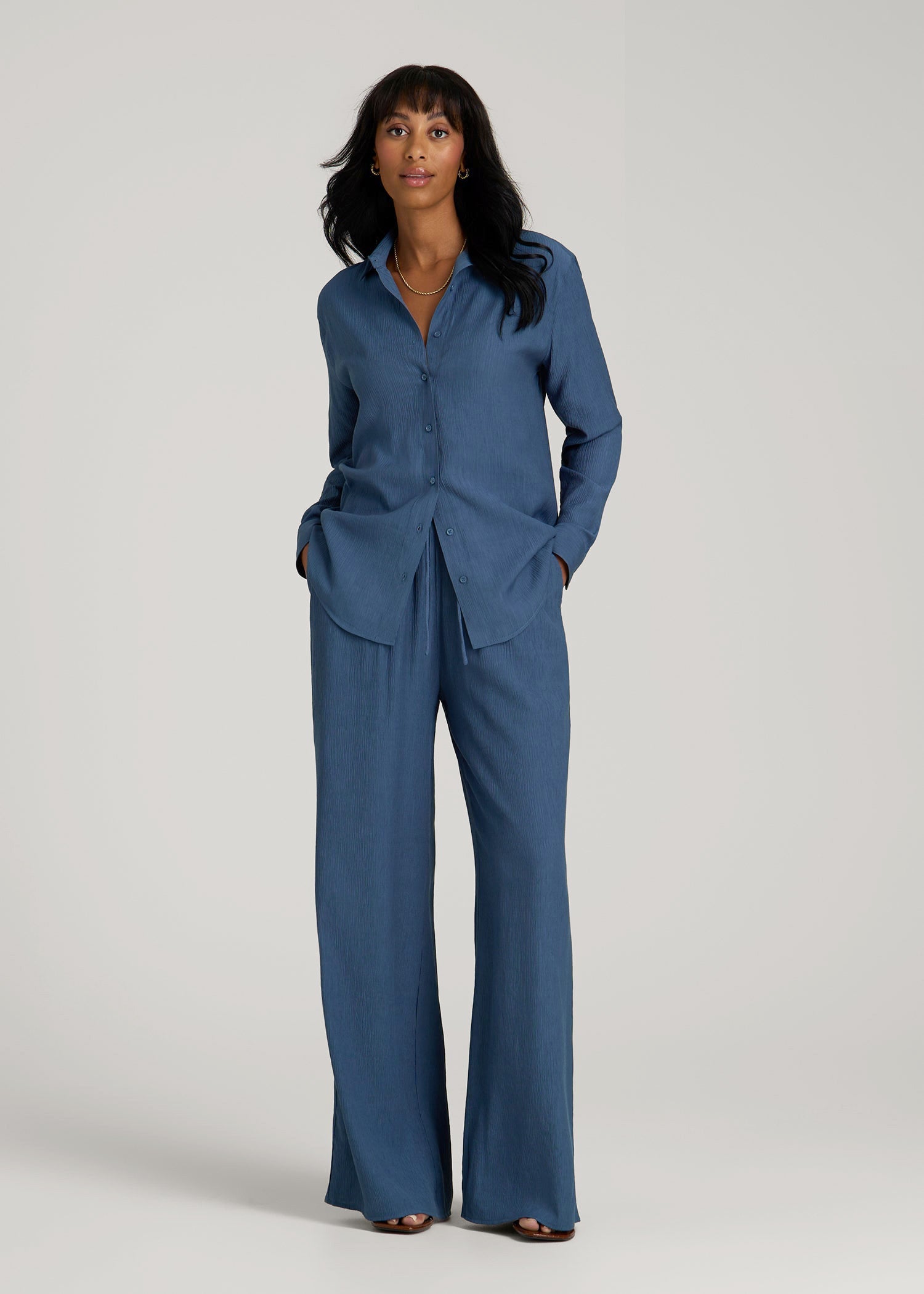 American Tall Women|Men Crinkle Pull-on Wide-leg Pants for Tall Women in Flag Blue