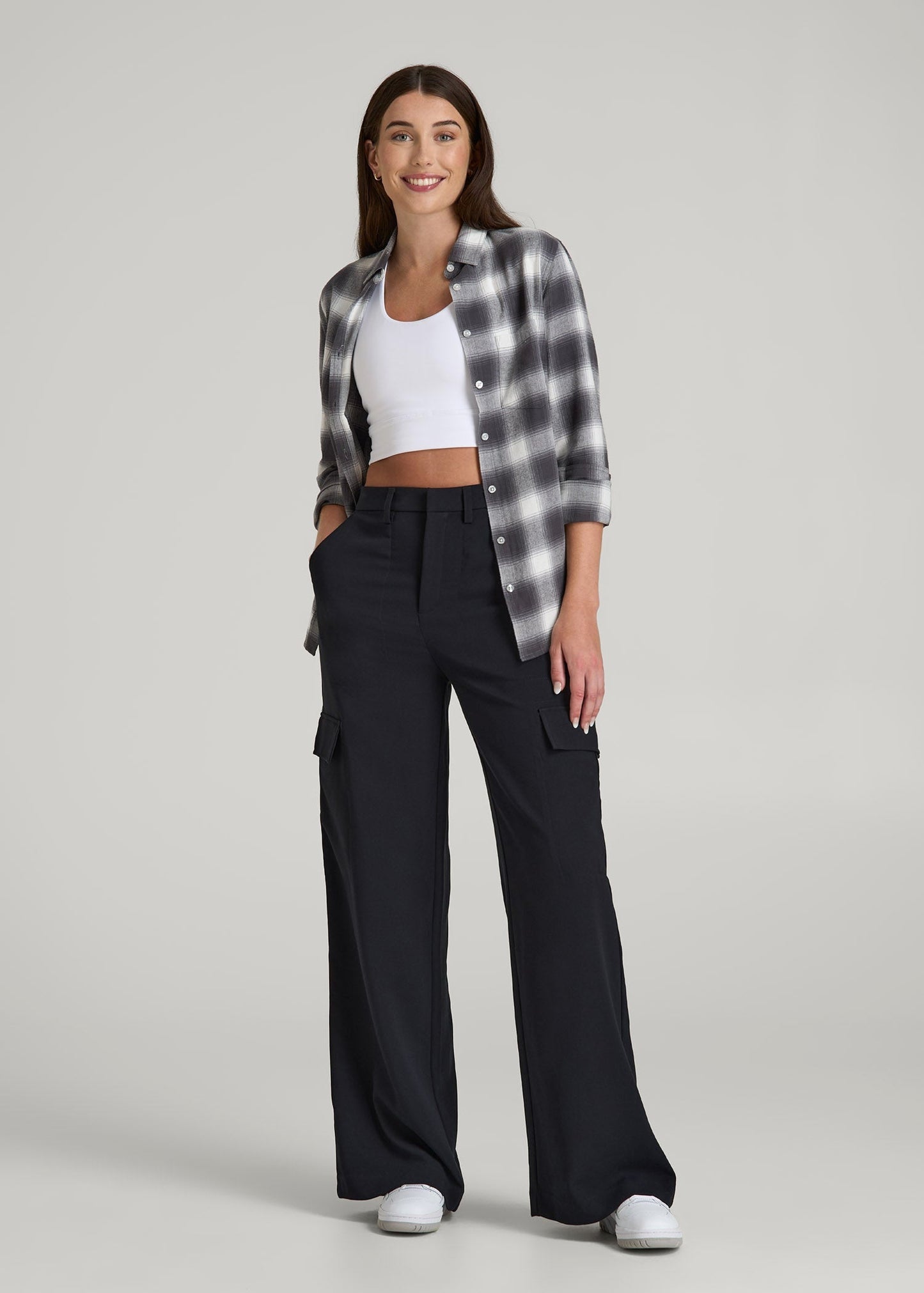 American Tall Women|Men Cargo Wide Leg Dress Pants for Tall Women in Black