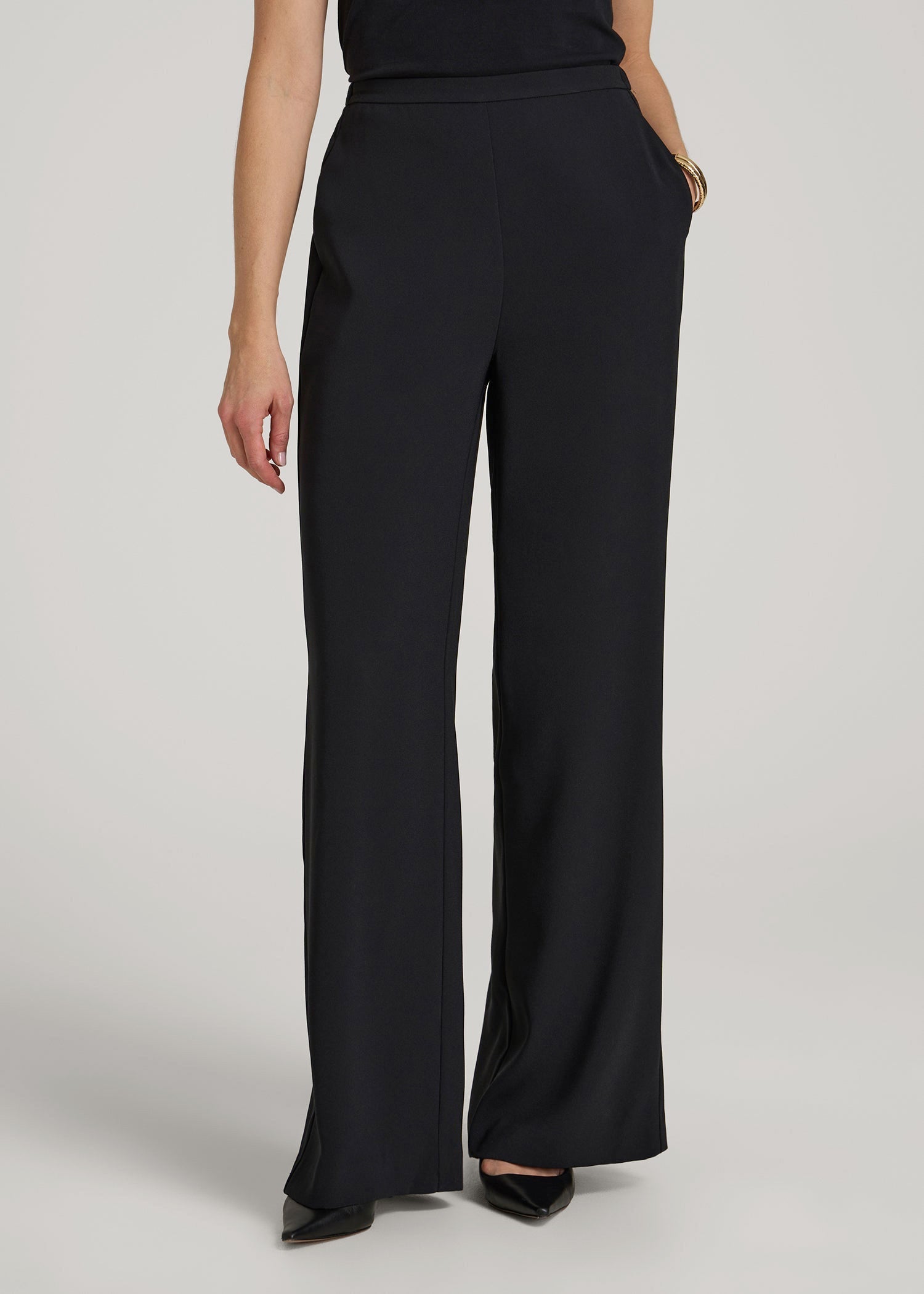 American Tall Women Pull-On Crepe Ultra Wide Pants for Tall Women in Black