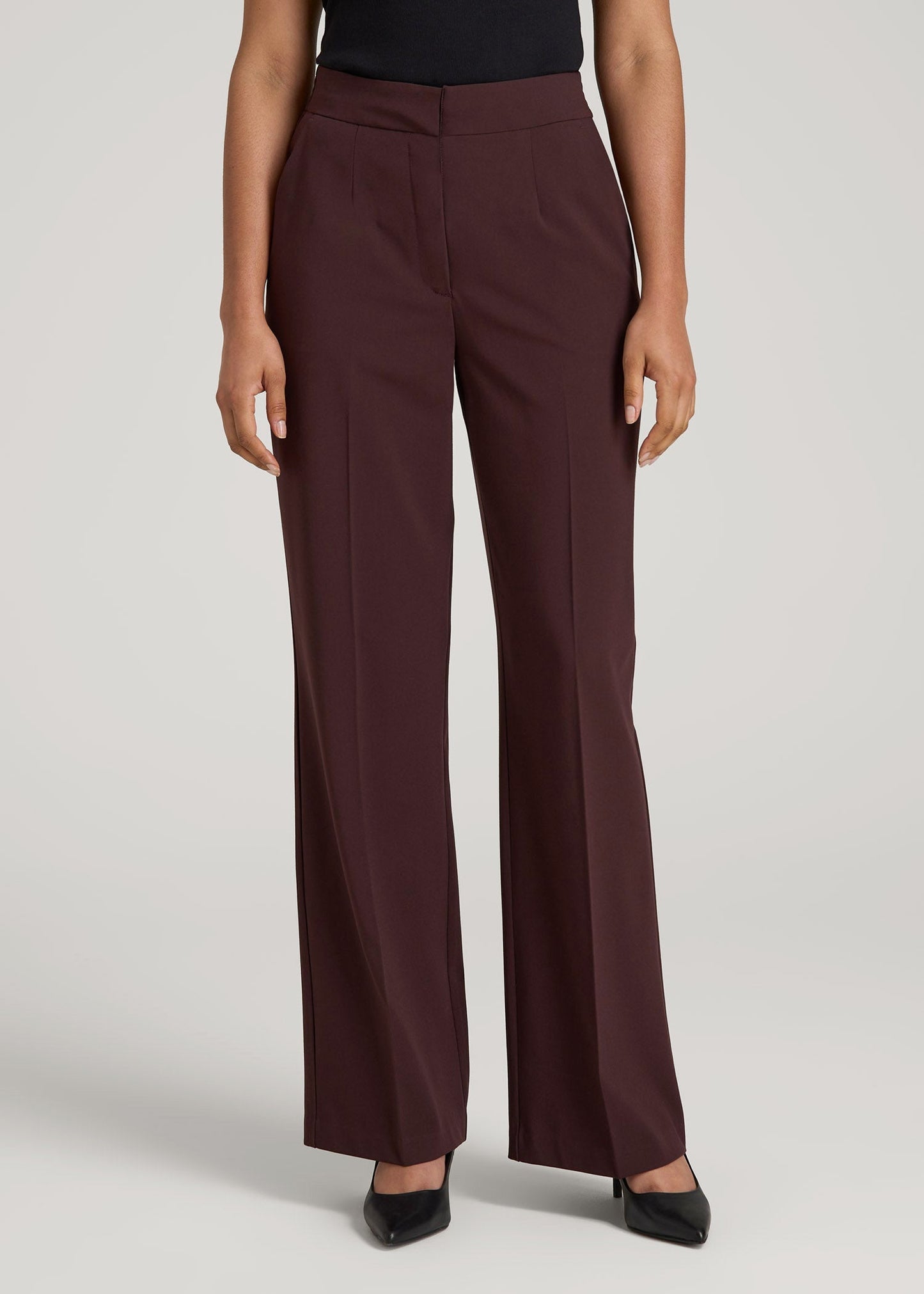 American Tall Women|Men Flat Front Wide Leg Dress Pants for Tall Women in Oxblood