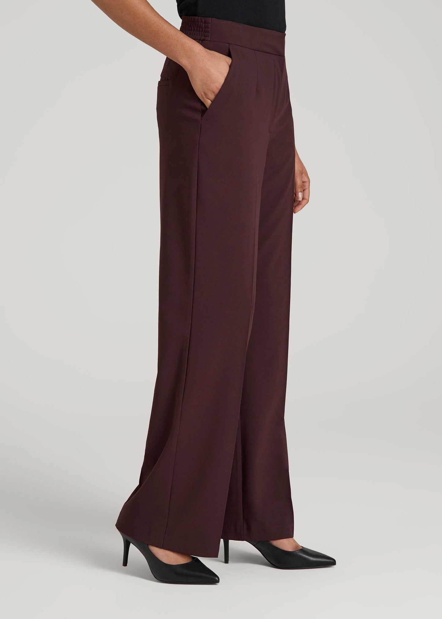 American Tall Women|Men Flat Front Wide Leg Dress Pants for Tall Women in Oxblood