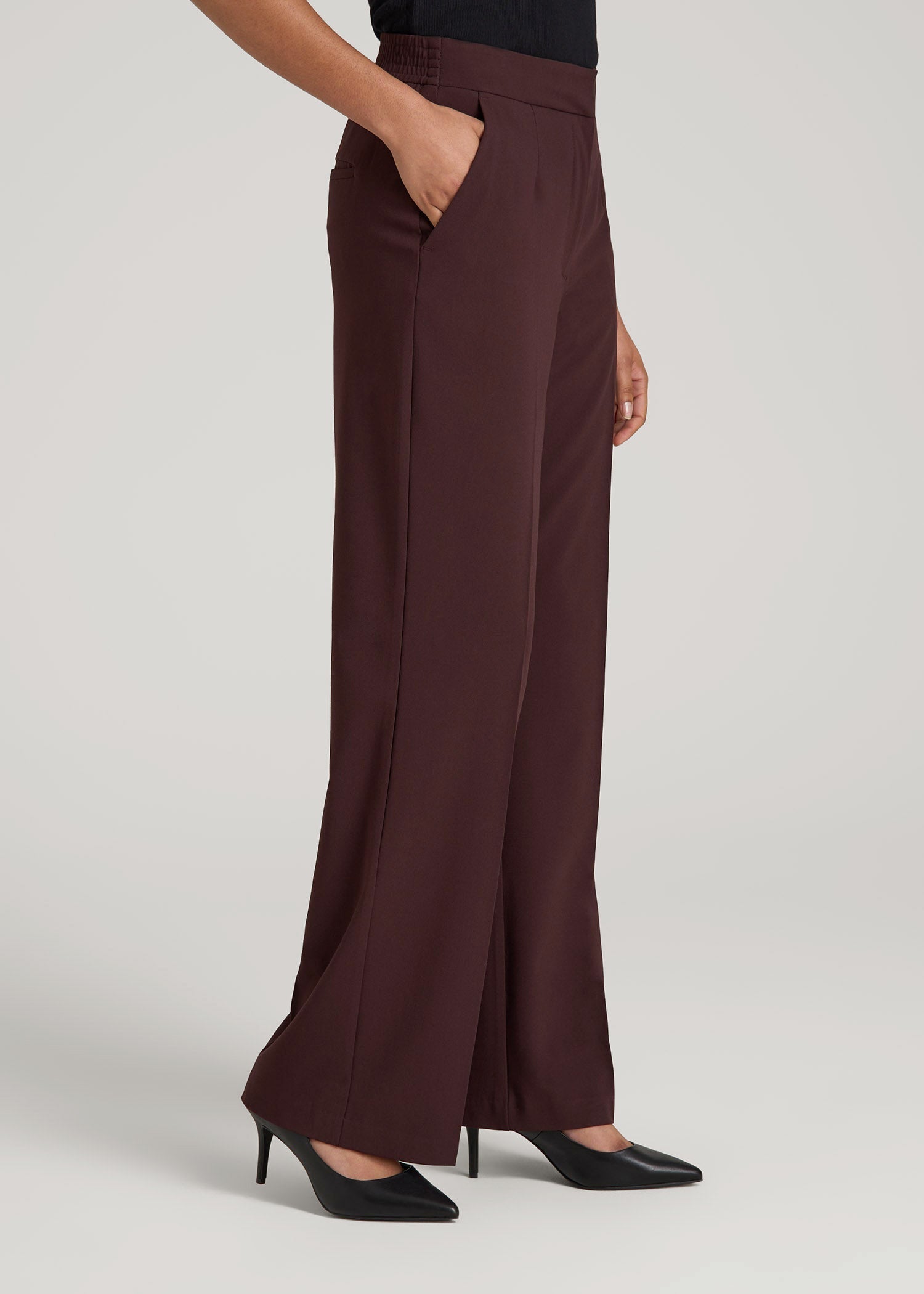 American Tall Women|Men Flat Front Wide Leg Dress Pants for Tall Women in Oxblood